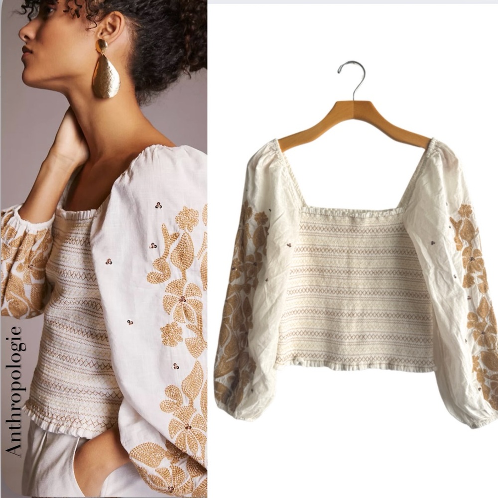 Anthropologie Smocked Top with embellished and embroidered sleeves, boho spring - Picture 2 of 9